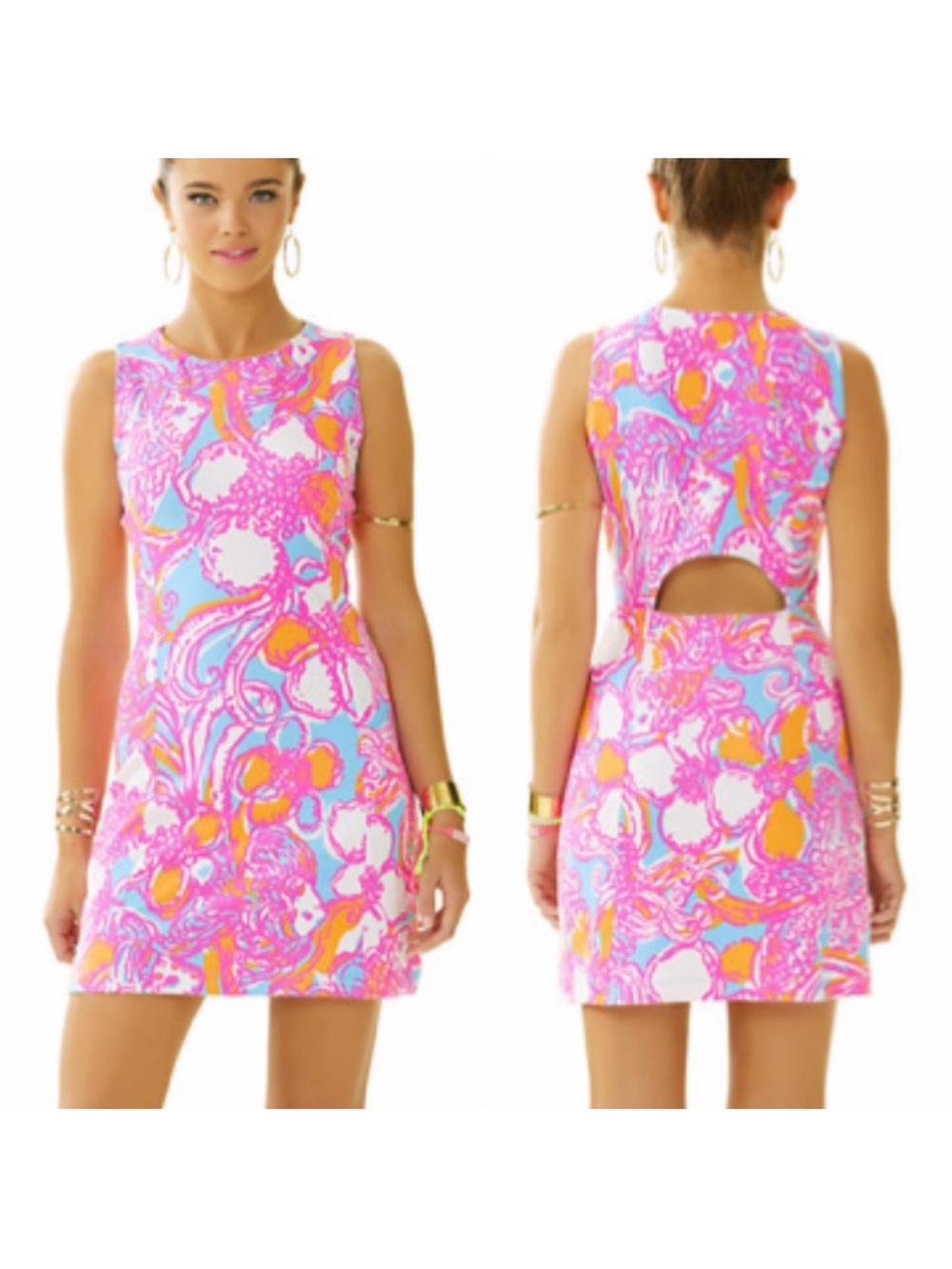 Lilly Pulitzer Pink, Turquoise & orange Floral Dress with back cutout